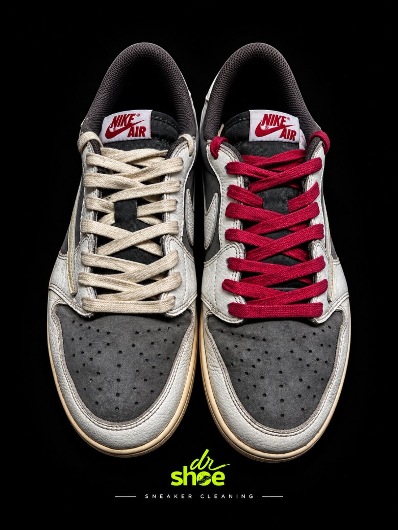 The same Air Jordan 1 Low deep cleaned with the laces brightened