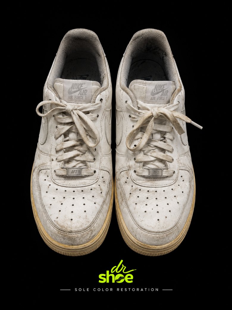 Nike Air Force 1 with heavily yellowed midsoles, before sole restoration