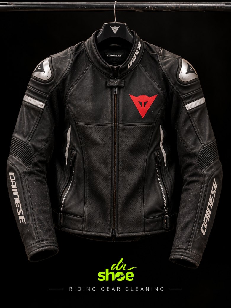 The same riding jacket cleaned back to deep black leather