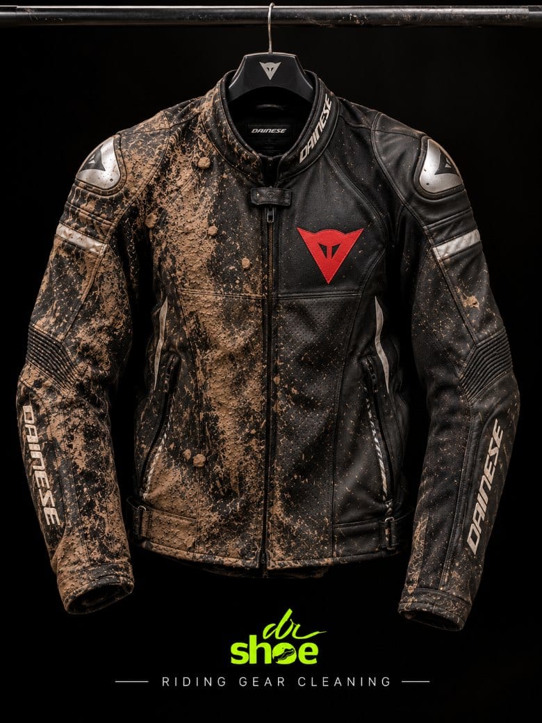 A leather riding jacket caked in dried mud